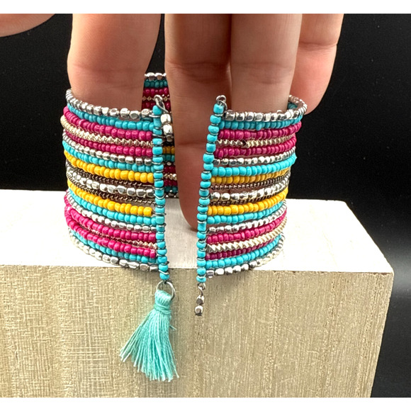 Handmade Bracelet 6.5" Adjustable Aqua Red Yellow Seed Bead Woven Boho Wide Cuff - Picture 4 of 5